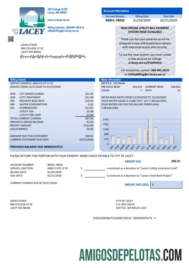 realista Modelo de conta de serviços públicos de água, cidade de Lacey, EUA, Washington, em formato Word e PDF (comprovante de endereço)